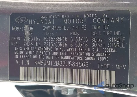2007 Hyundai Tucson Gls z USA, uszkodzony, nr VIN KM8JM12B87U584868